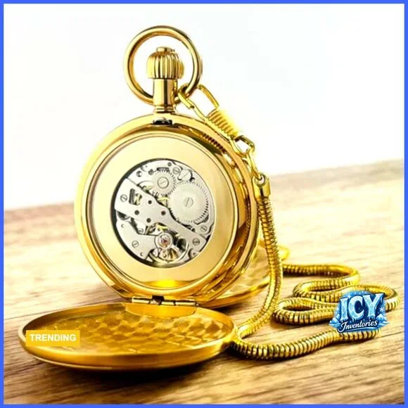 Gold Mechanical Pocket Watch with Chain Wind Up Vintage Men's Women's